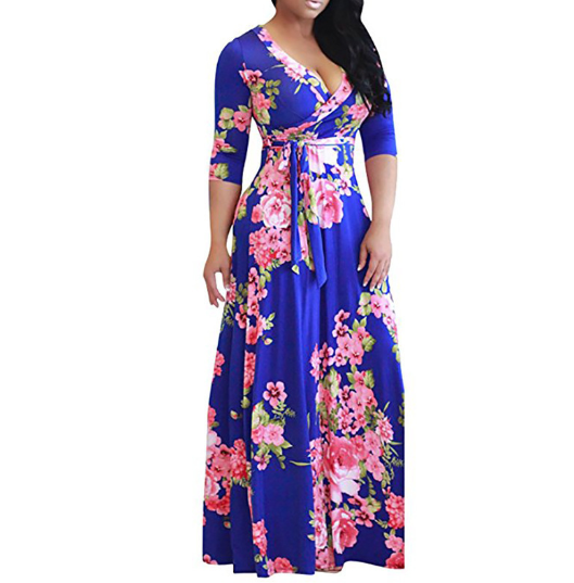 Plus Size Women's Floral Tie Waist Maxi Dress