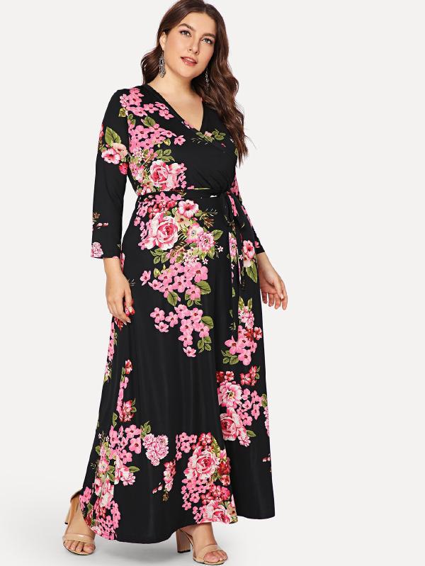 Plus Size Women's Floral Tie Waist Maxi Dress