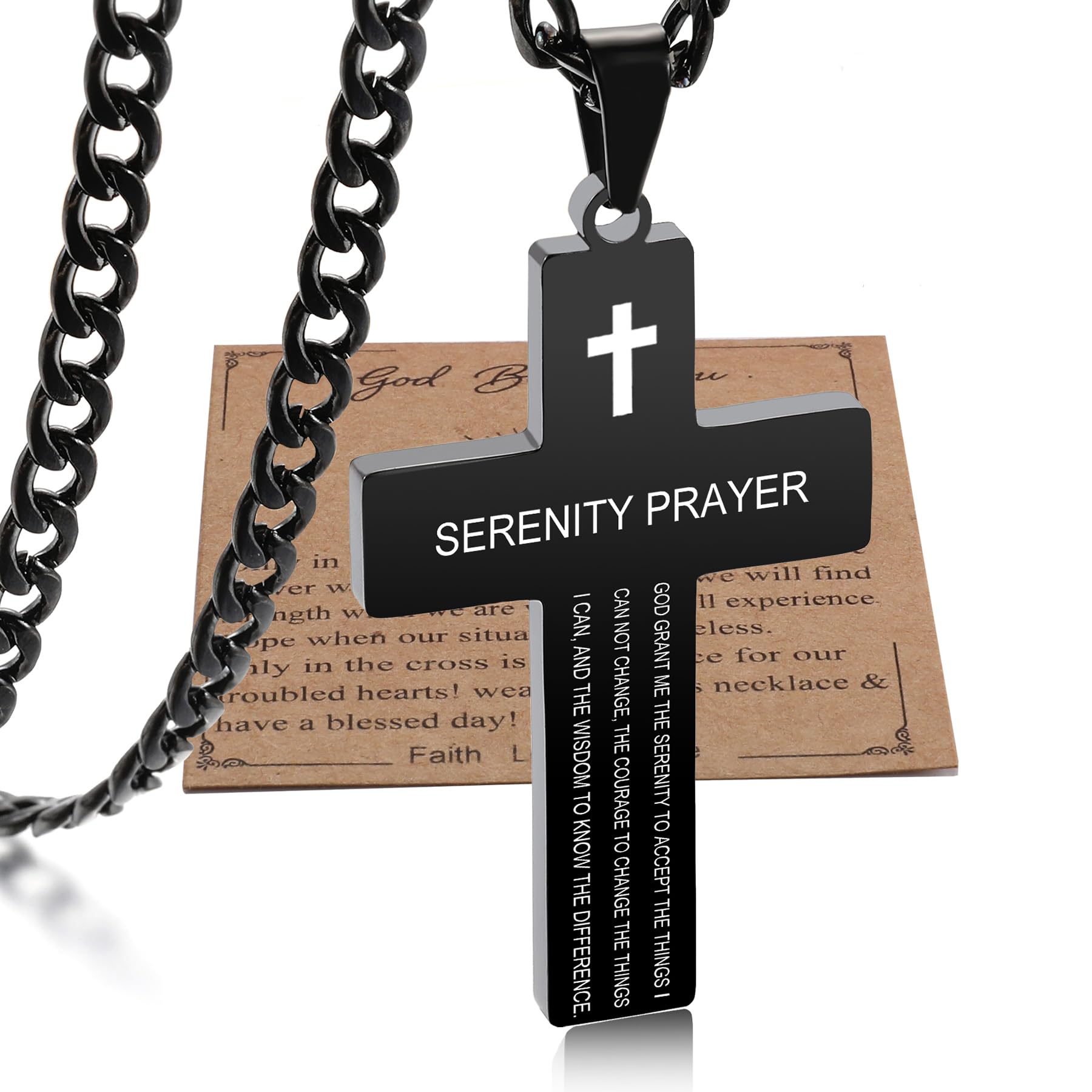 Cross Necklace with Bible Verse Christian Religious Serenity Prayer Scripture Black Chain Pendant